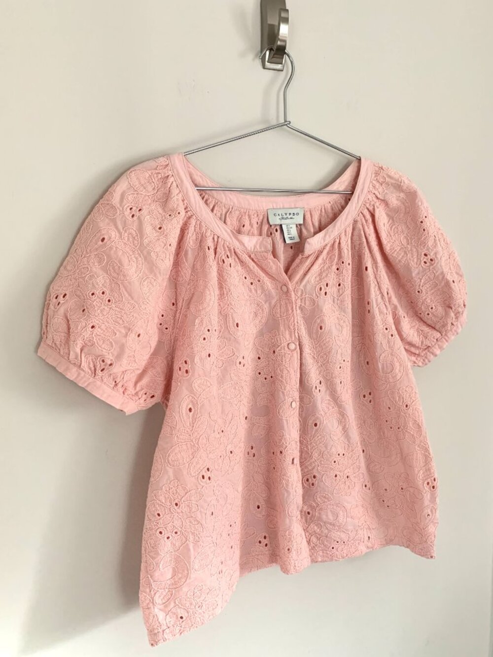 Calypso St Barth Pink 100% Cotton Boho Eyelet Embroidered Puff Sleeve Blouse Top - Picture 7 of 9